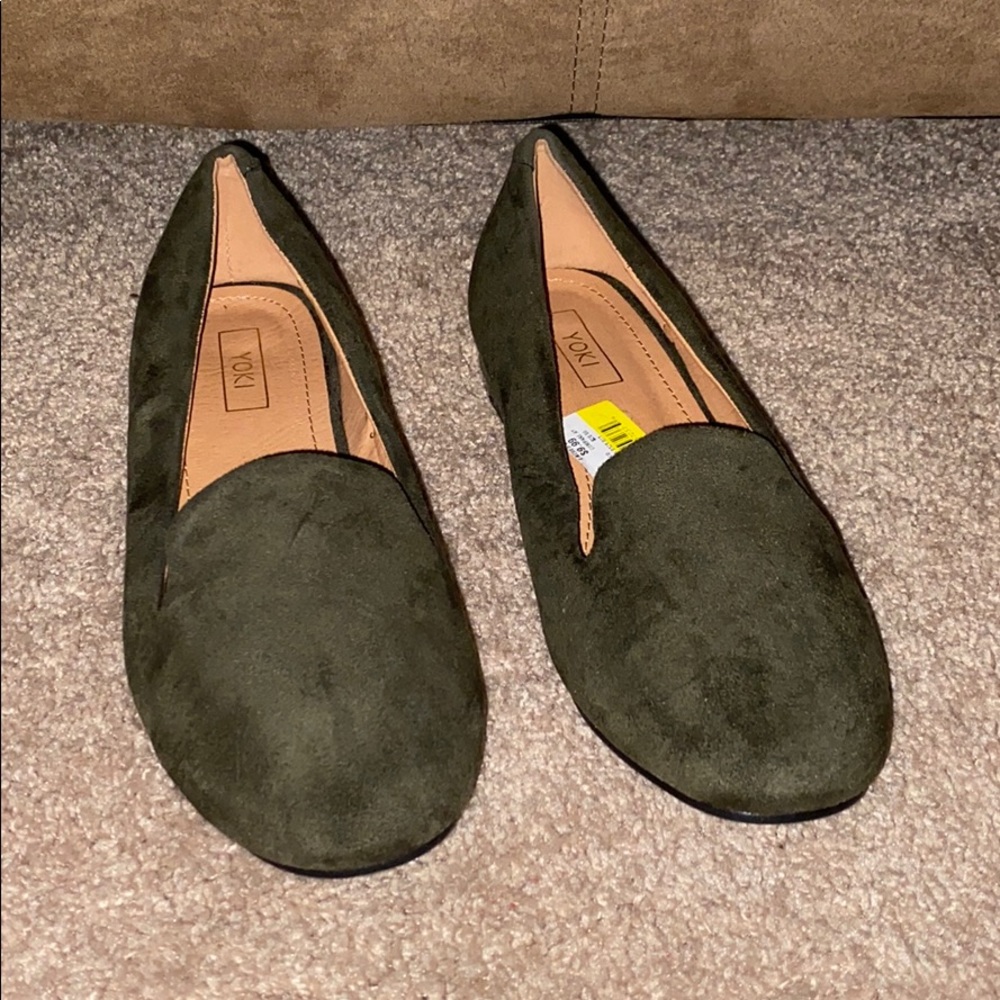 Yoki. Camo green suede loafers.